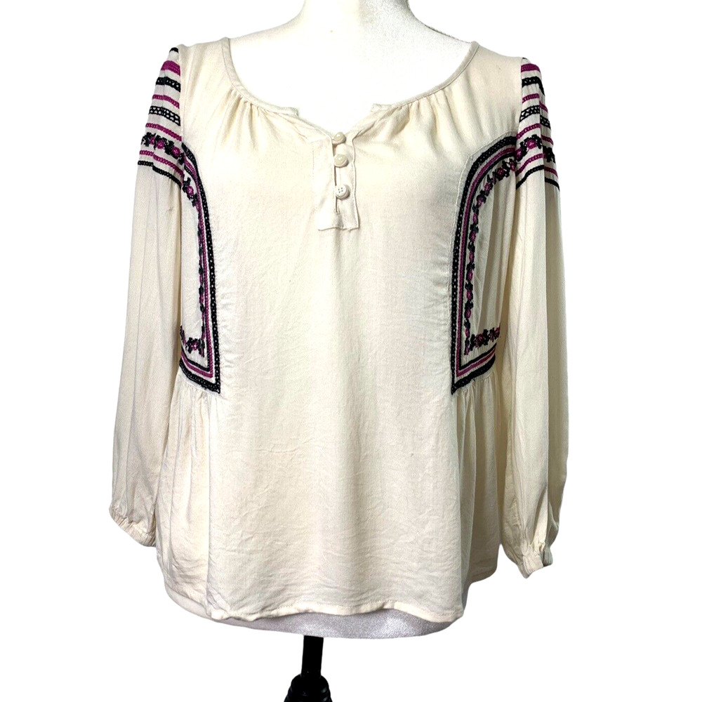 American Eagle Boho Top Womens Small Beige Embroidered Boho Blouse Festival